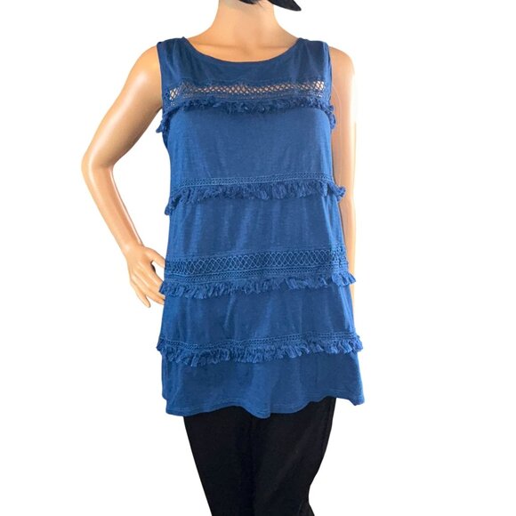 LOFT Womens Sleeveless Fringe Embroidered Top Small Coastal Cowgirl Lagenlook - Picture 1 of 10